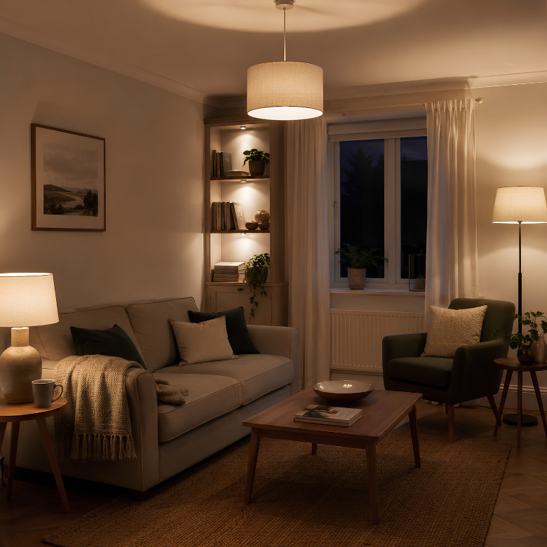 cosy living room at night with soft ambient lighting, beige sofa, armchair and wooden coffee table creating a warm relaxing space