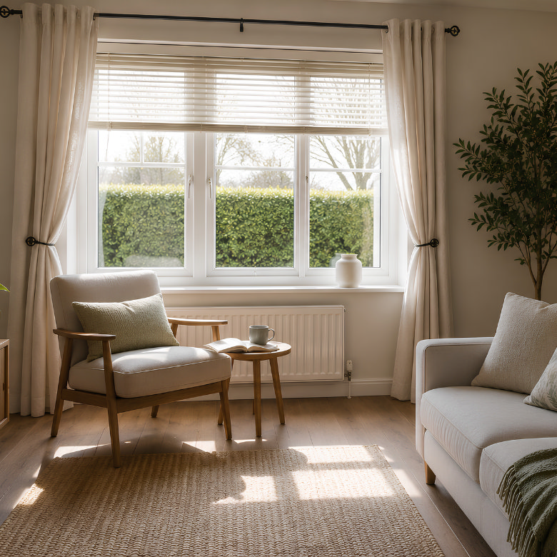 bright living room window with sheer curtains and blinds allowing natural light to filter in over neutral seating and soft textures
