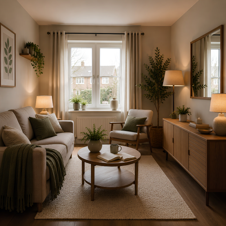 neutral living room with beige sofa and armchair, wooden furniture, soft lighting and window with curtains creating a cosy space