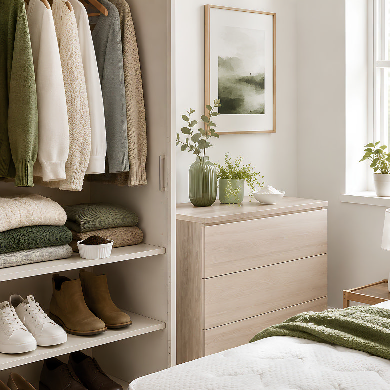 Open bedroom wardrobe with fresh clothes, shoes and natural odour absorbers to help keep clothes and the room smelling fresh.
