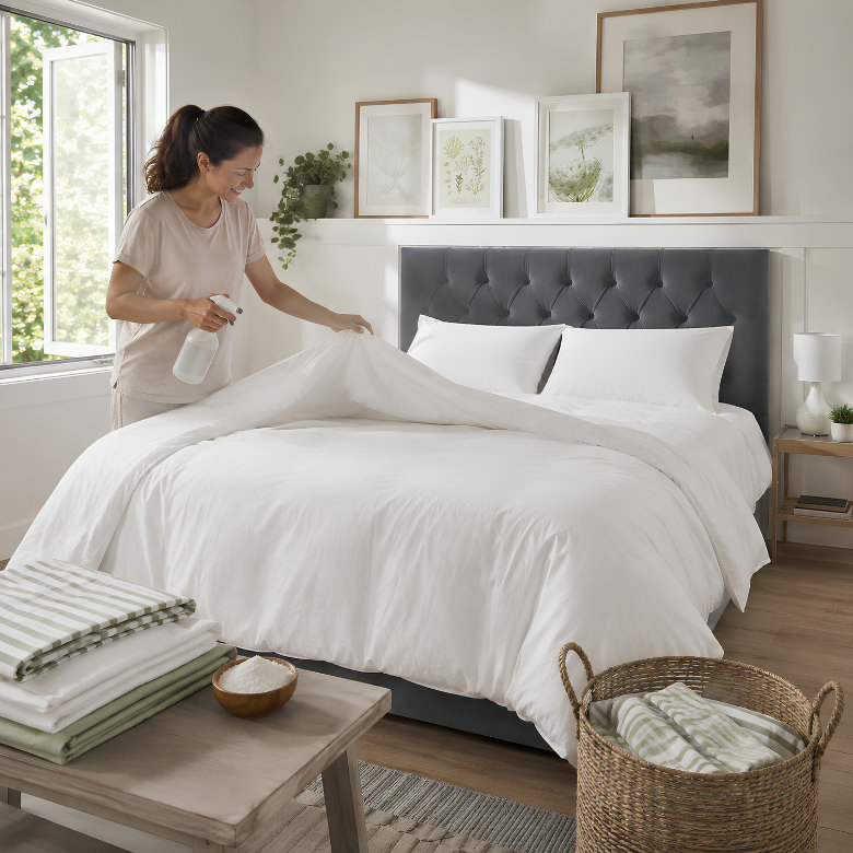 Woman spritzing freshly washed white bedding with linen spray to keep a bedroom smelling fresh.
