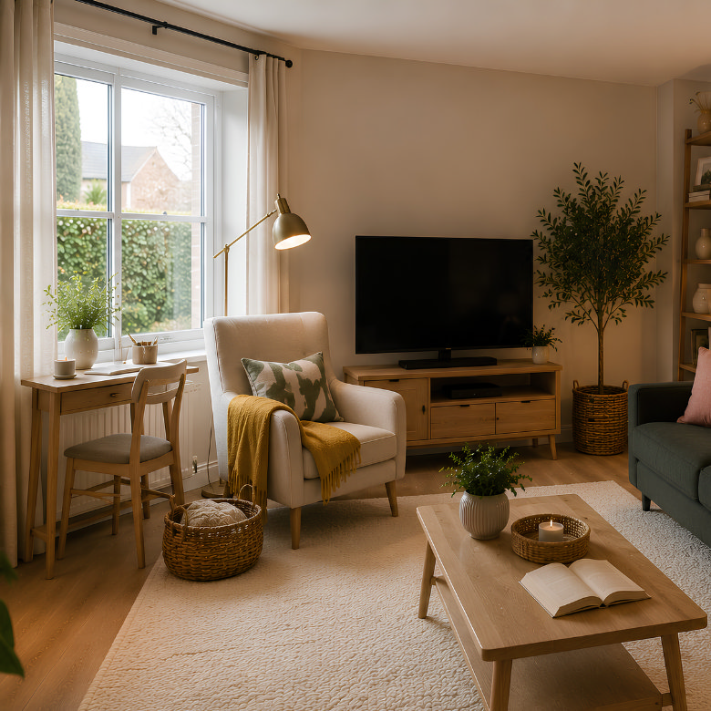 bright living room with armchair and desk by window, TV unit and wooden coffee table, styled with plants and soft neutral tones