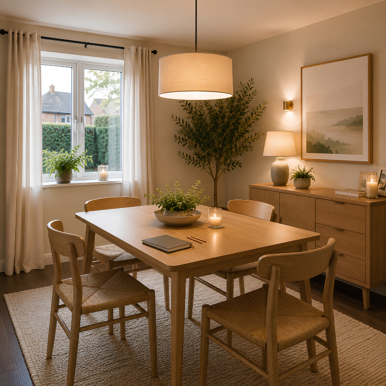 neutral dining room with wooden table and chairs, pendant lighting, sideboard and plants, styled in warm natural tones