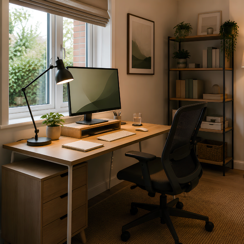 home office setup with wooden desk, computer monitor and office chair by window, styled with desk lamp, shelving and plants in warm neutral tones