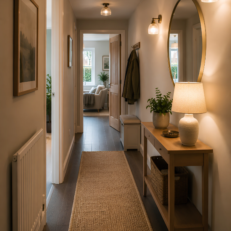 neutral hallway with wooden console table and table lamp, large wall mirror and coat hooks, styled with plants and warm lighting