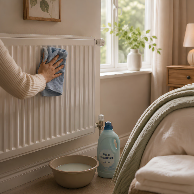 Woman cleaning a bedroom radiator with fabric conditioner to help remove dust and leave the room smelling fresh.