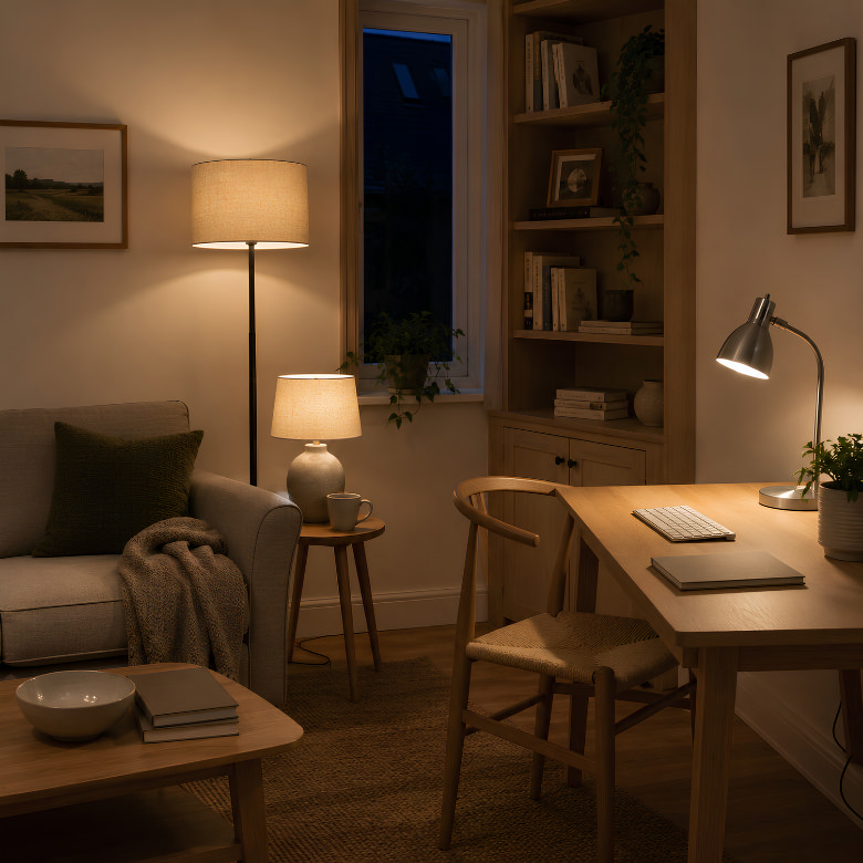 cosy living room workspace at night with wooden desk, chair and table lamp, soft lighting and neutral decor