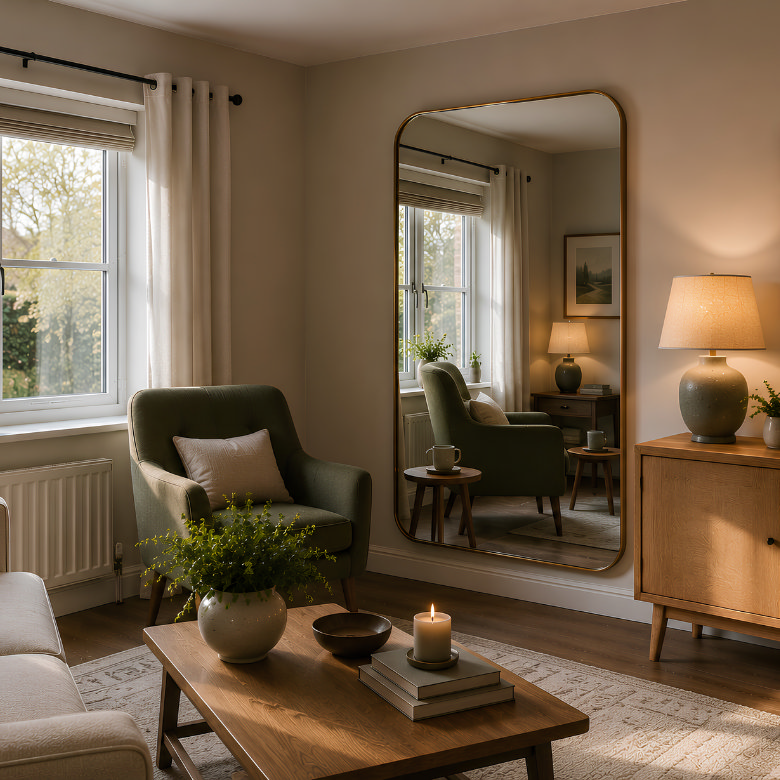 neutral living room with large wall mirror, armchair and wooden furniture, styled with plants, soft lighting and warm natural tones