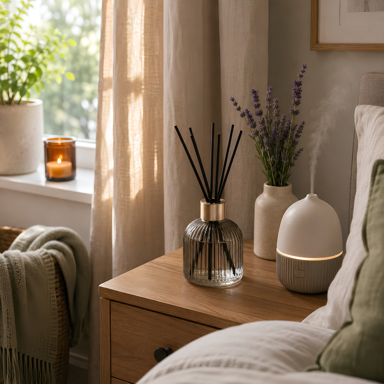 Reed diffuser and essential oil diffuser with lavender beside the bed to keep a bedroom smelling fresh.