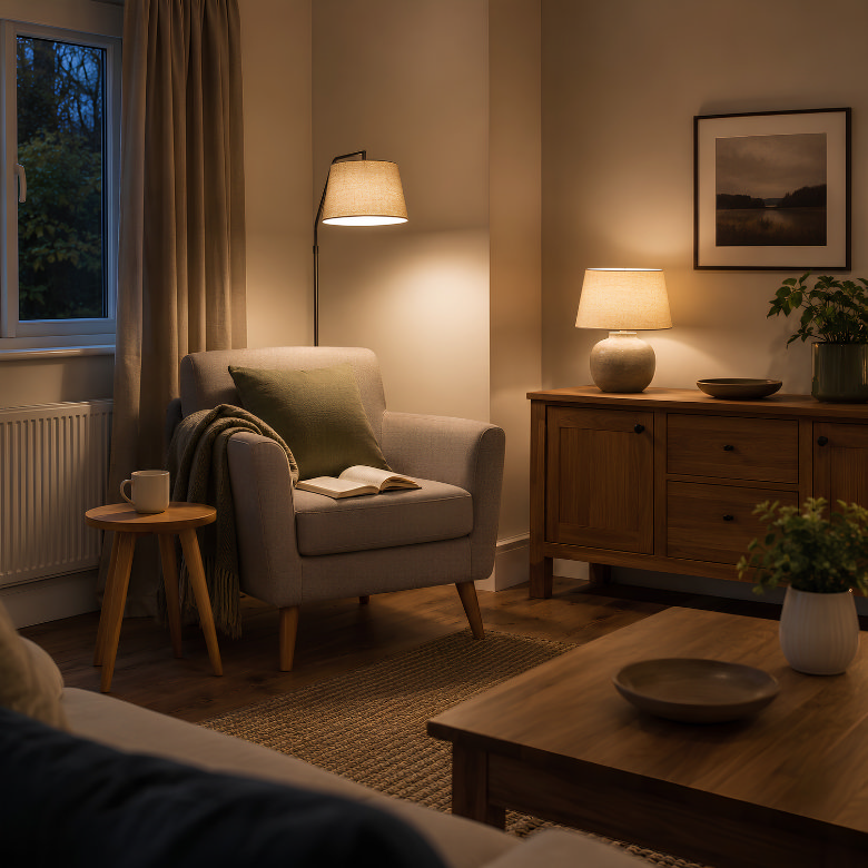cosy living room workspace at night with wooden desk, chair and table lamp, soft lighting and neutral decor