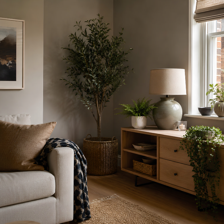 neutral living room corner with wooden sideboard, table lamp and large potted plant, styled with greenery and warm natural tones