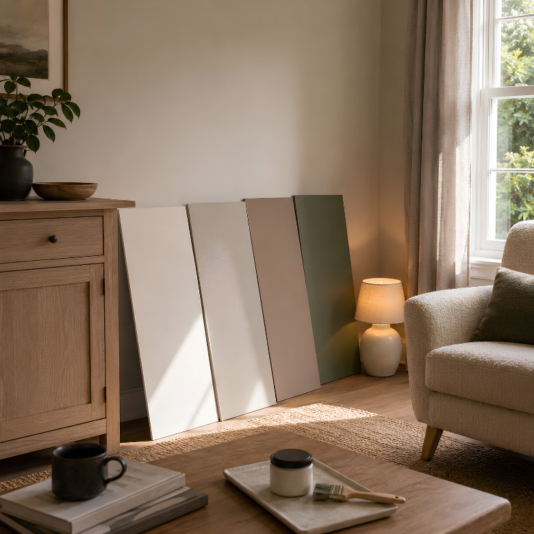 neutral living room with paint sample boards in beige and green tones, wooden furniture and soft lighting by window