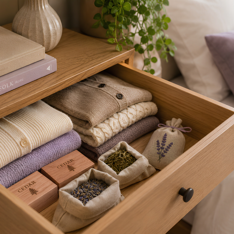 Cedar blocks and lavender and rosemary sachets stored with clothes to keep bedroom drawers smelling fresh.