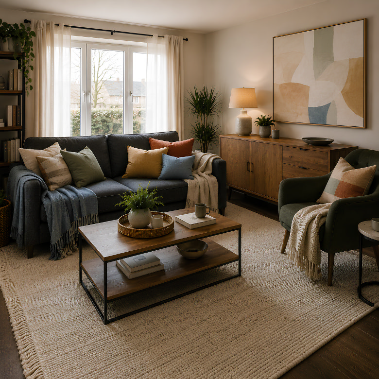 neutral living room with dark sofa and armchair, wooden coffee table and sideboard, styled with cushions, plants and warm natural tones
