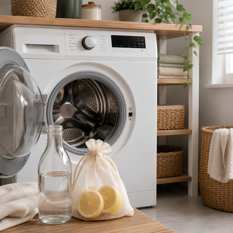 Washing machine with white vinegar and sliced lemon ready for a monthly cleaning cycle to remove lingering odours.