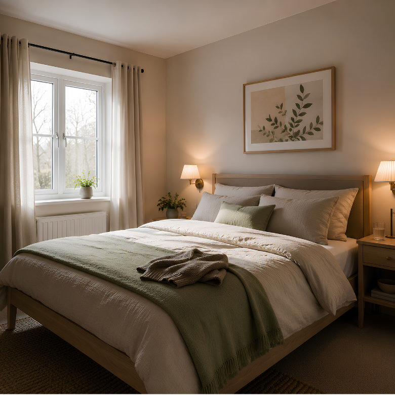 neutral bedroom with wooden bed frame, white bedding and green throw, styled with bedside lamps, wall art and soft lighting