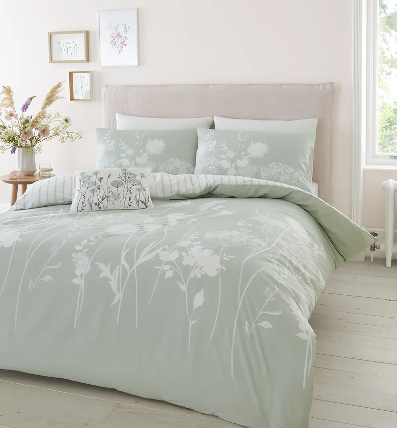 light green floral duvet cover set in bedroom