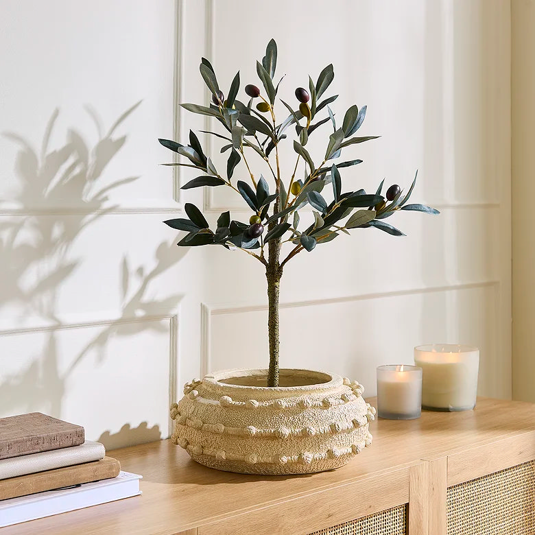 short faux olive tree house plant in pot