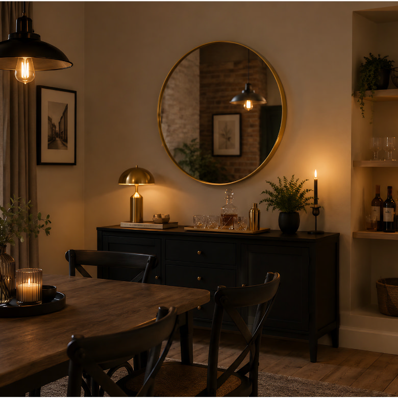 dining room with large round wall mirror above sideboard and candlelit evening lighting