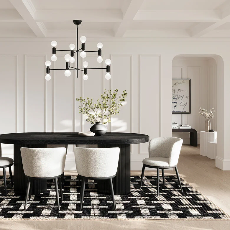 modern chandelier over dining table with multiple globe bulbs