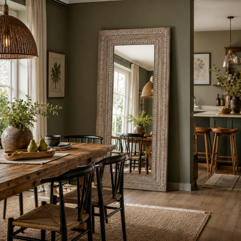 dining room with wooden floor mirror reflecting table and natural light from window