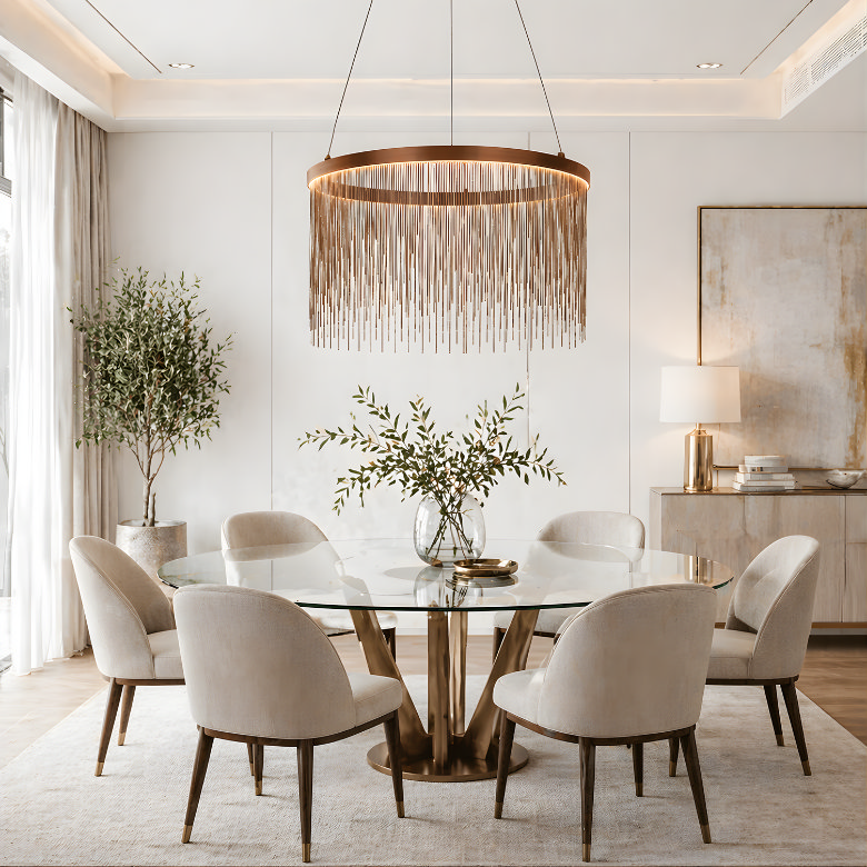 statement ring chandelier over dining table with gold fringe detail