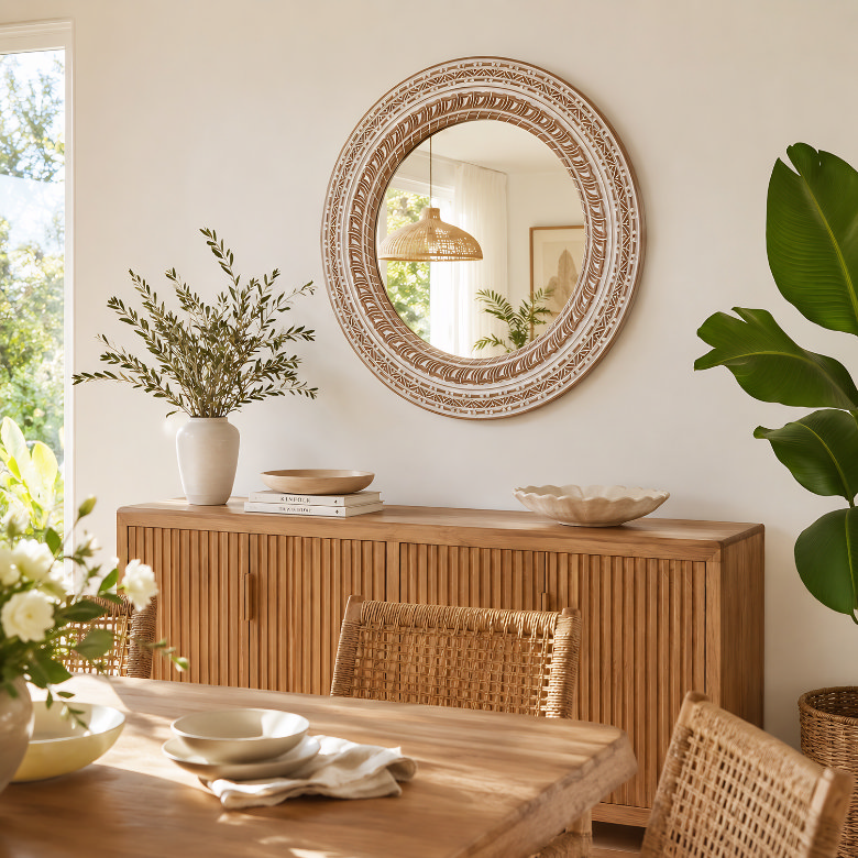 dining room with carved round wall mirror above wooden sideboard and natural light