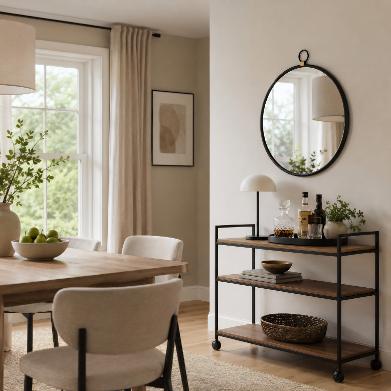 dining room with round hanging wall mirror above bar cart and natural light