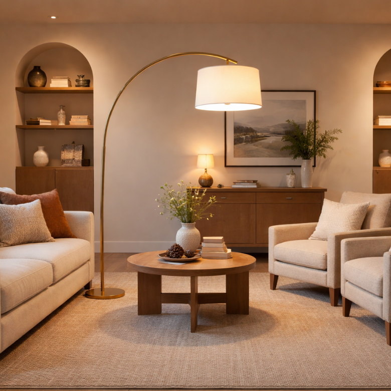 Arched brass floor lamp placed between sofa and armchair in living room