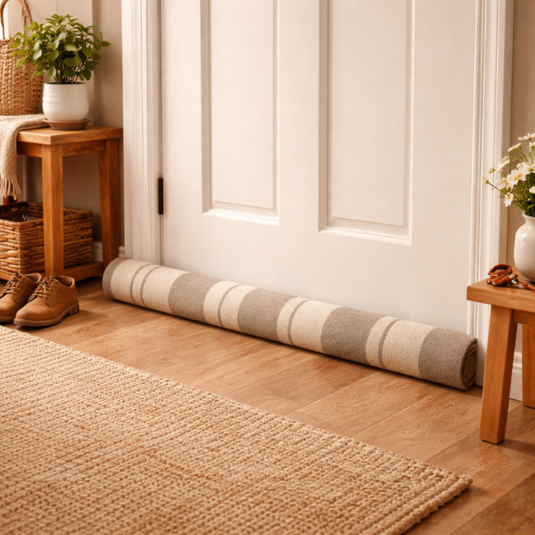 Striped draught excluder placed along front door in hallway