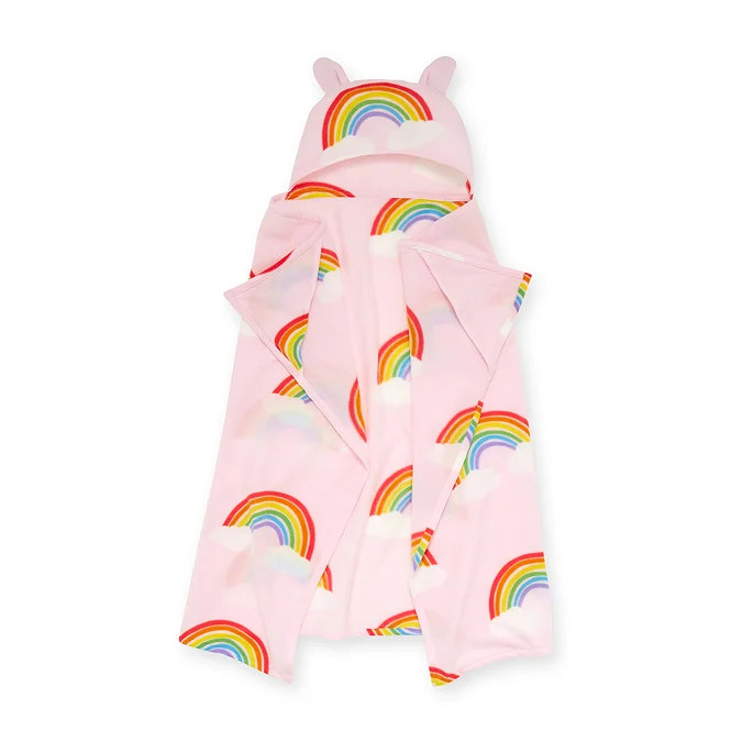 Children’s pink hooded blanket with rainbow and cloud pattern and playful ear detail