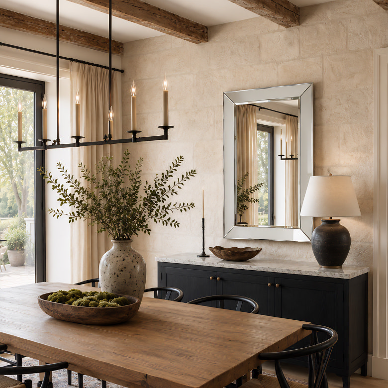 dining room with angled frame wall mirror above sideboard and rustic wood table with candles