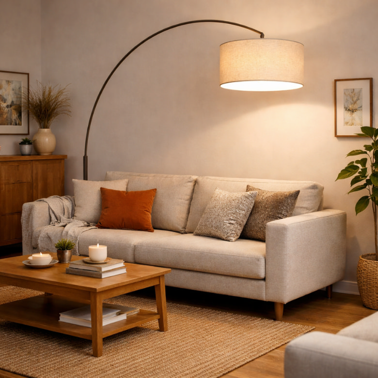 Black arched floor lamp behind beige sofa in cosy living room