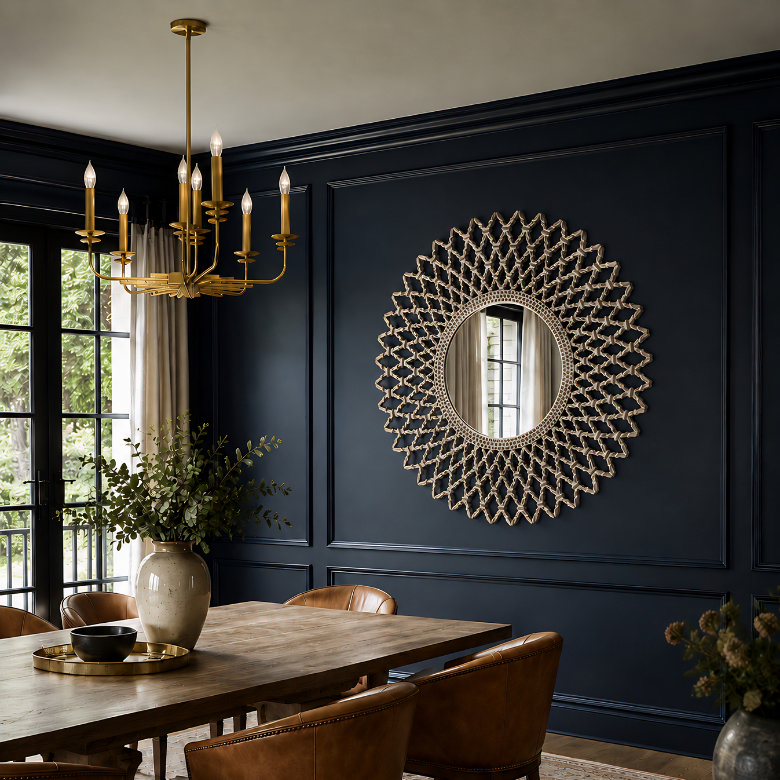 dining room with decorative lattice wall mirror on dark panelled wall and statement chandelier