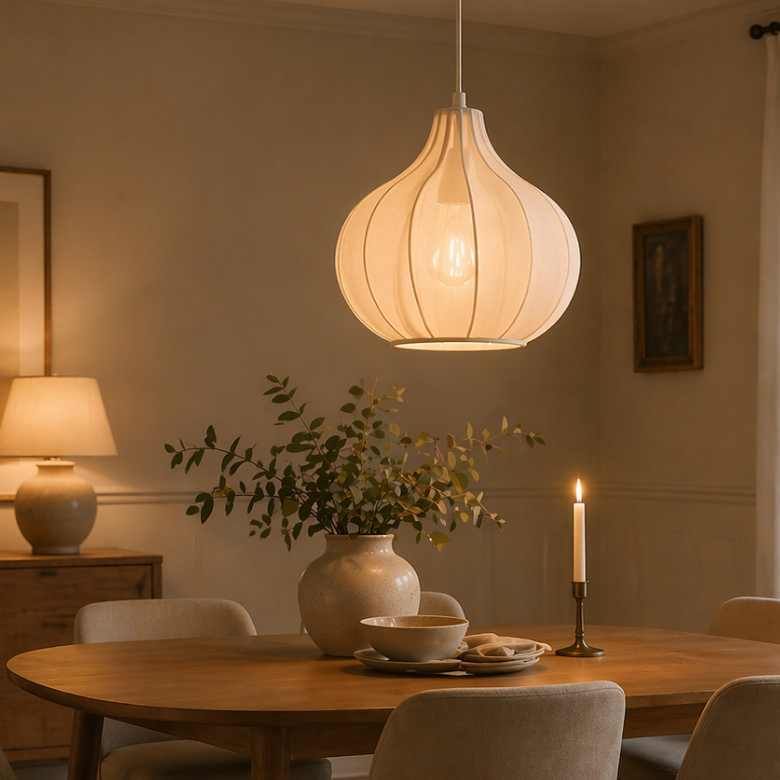 fabric pendant light over dining table with soft ambient glow
