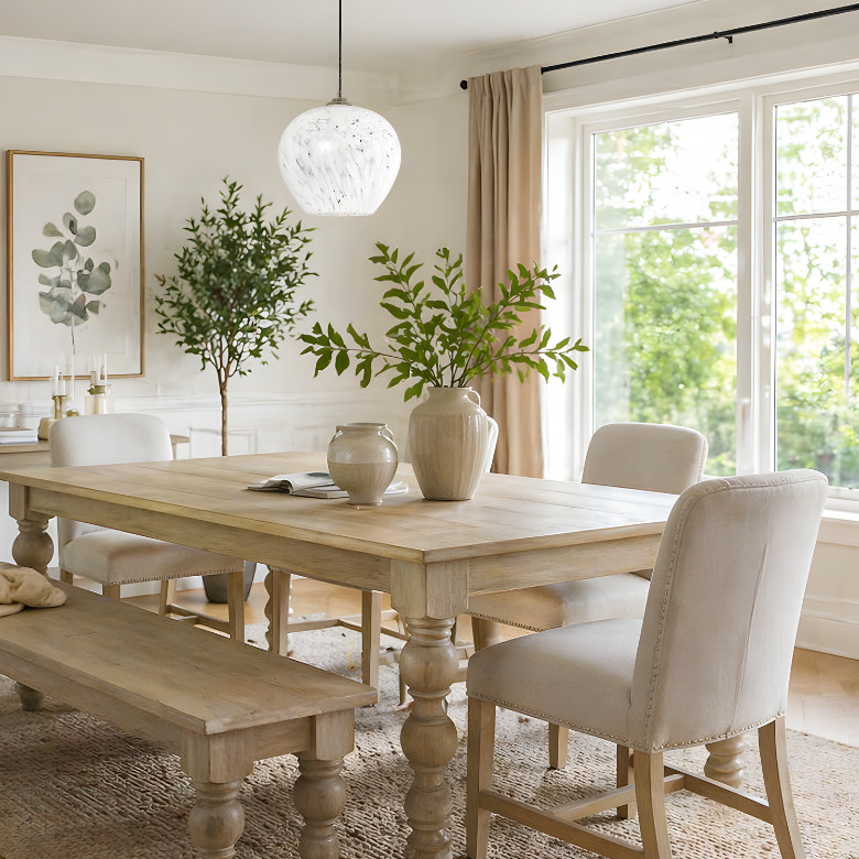 decorative glass pendant light over dining table with soft natural light
