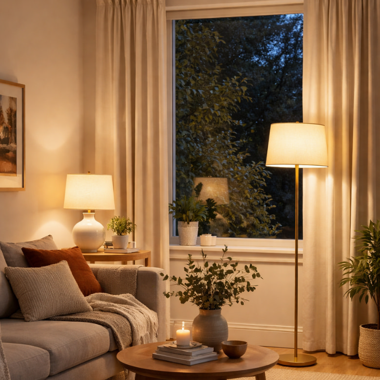 Brass floor lamp with cream shade beside window and curtains in cosy living room at night