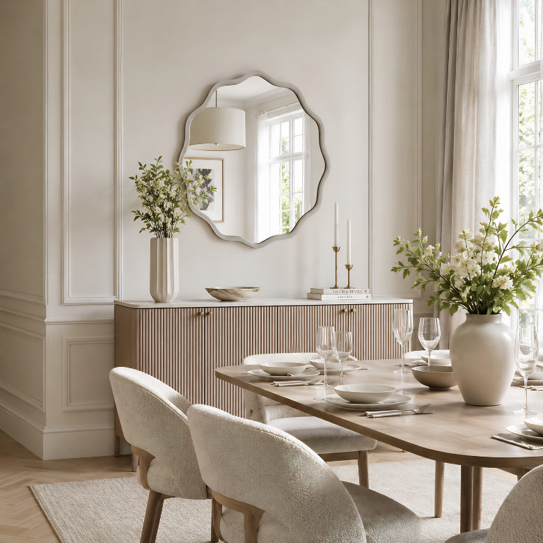 dining room with wavy round wall mirror above sideboard and styled dining table