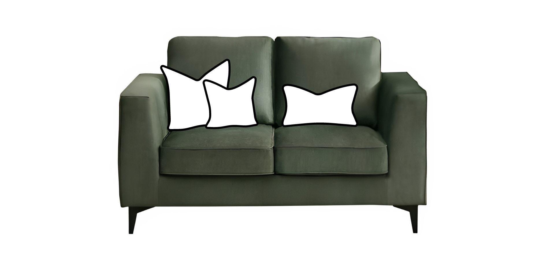 Two-seater sofa with symmetrical cushion arrangement in soft neutral tones and textured fabrics.