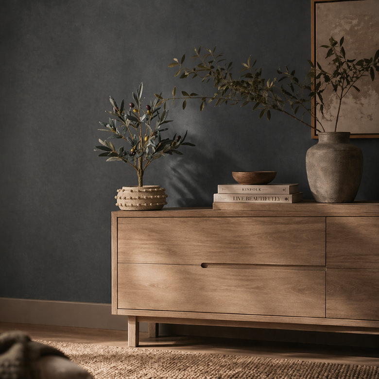 wooden sideboard against moody blue wall with ceramic vases and olive branches in earthy tones