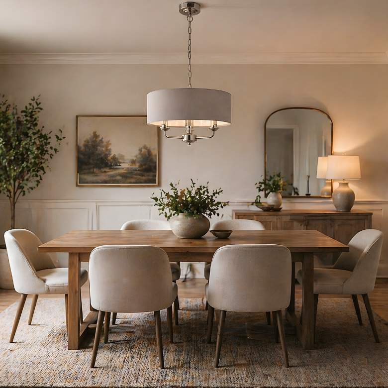 ceiling light over dining table with fabric shade in warm neutral dining room