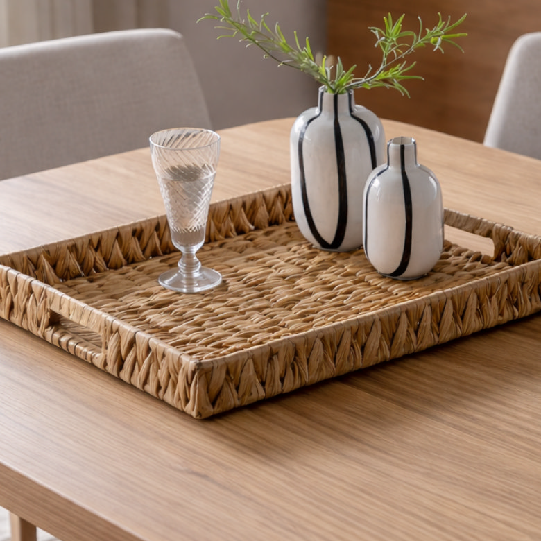 Woven tray with vases and glass on dining table