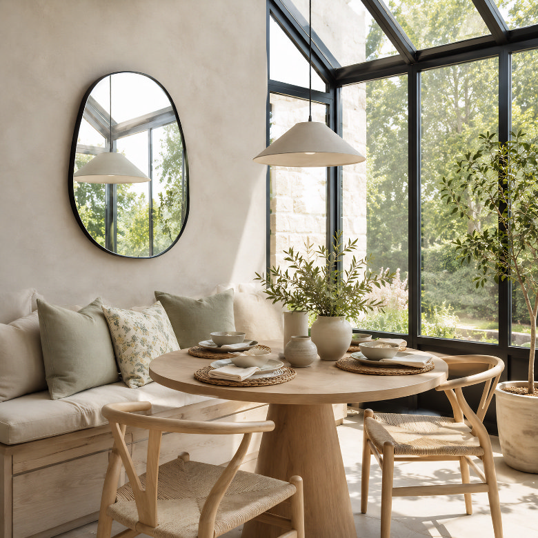 dining room with oval wall mirror above bench seating and sunlit table by large windows