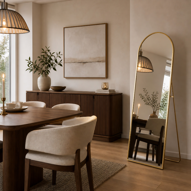 dining room with arched floor mirror in corner reflecting table and pendant light