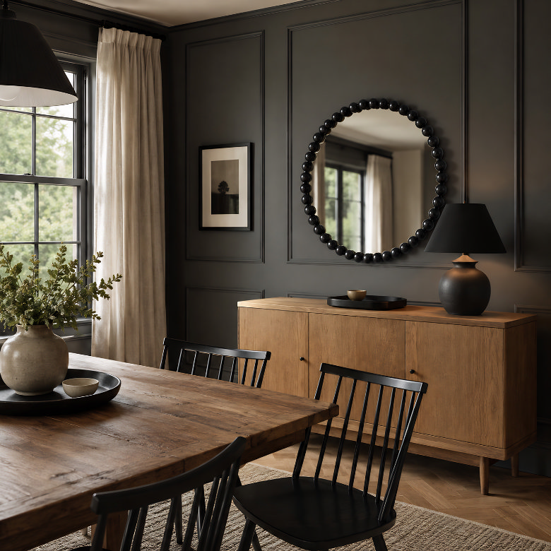 dining room with black bobble frame round mirror above wooden sideboard and dark panelled wall