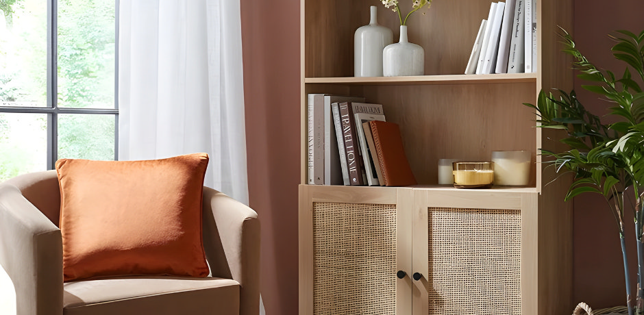 Wooden bookcase with rattan doors styled with books and vases.