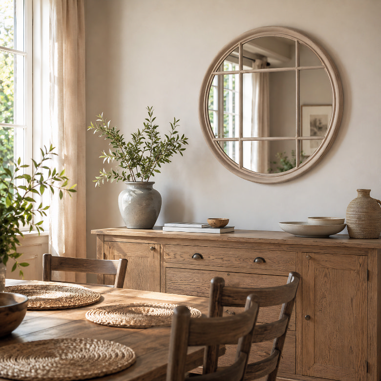 dining room with round window style mirror above wooden sideboard and natural light