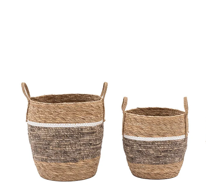 Stylish woven storage baskets for toys and blankets — natural seagrass, living room decor.