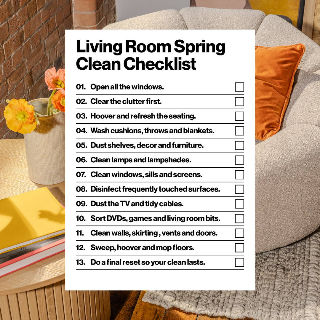 Living room spring clean checklist graphic with sofa, cushions and coffee table in a cosy living room