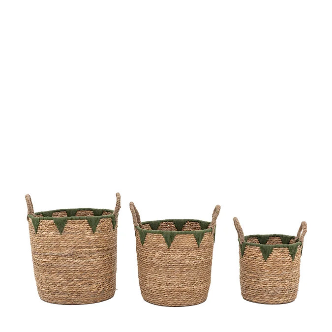 Decorative woven baskets with olive green detail — toy storage set of 3 for family homes.